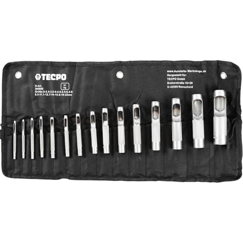TECPO Locheisen-Satz, 15-teilig, Ø 2–22 mm, aus gehärtetem Carbonstahl, präzise Lochungen in Leder, Textilien und Papier, Lochpfeifen, Hohlzylinder, Lochstanzen Werkzeug Set, Lochschneider Satz