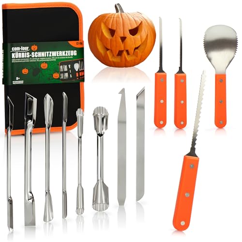 com-four® 12-teiliges Kürbis Schnitz-Set für Halloween - Schneide-Werkzeuge zum Aushöhlen von Kürbissen - Messer, Löffel und Schnitz-Zubehör in Premium-Tasche (Schnitzwerkzeug - 12-teilig)