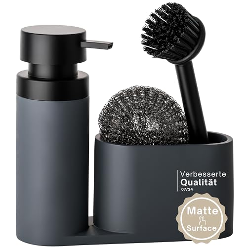 Black Sweden Home Design Spülbecken Organizer aus Kunststein mit Bürste und Stahlschwamm - Küchen Organizer Spül Set schwarz matt - Spülmittelspender grau