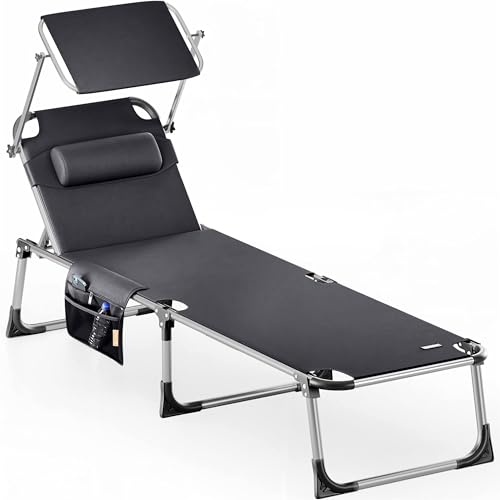 Casaria® Sonnenliege Malta klappbar 180kg belastbar Wetterfest mit Dach Gartenliege leicht Aluminium Sonnenliege Liegestuhl 210x61 Grau