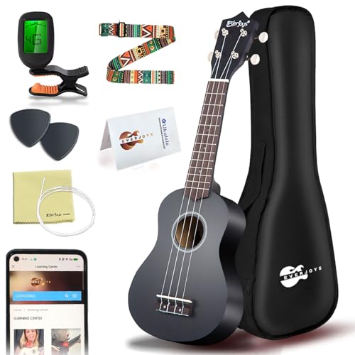 Everjoys Sopran Ukulele Set für Kinder und Erwachsene 21 Zoll Ukulele Starter Kit mit Tasche, Tuner, Songbook, Saiten, Pick, Kleine Hawaii Gitarre Schwarz