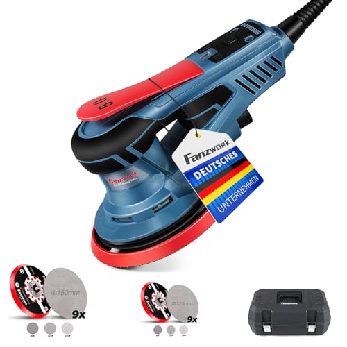FANZWORK Bürstenloser Exzenterschleifer HG0024,mit 125mm/150mm Schleifteller,5mm Schleifhub, 7-Stufiger Drehzahlregelung bis 10.000 U/min, TELLER-BREMSE, 18x Schleifgitter, Tragkoffer