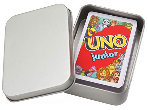 UNO Junior Kartenspiel Neue Edition für Kinder, Kinderspiele geeignet für 2 - 4 Spieler ab 3 Jahren + Metalldose für Spielesammlung