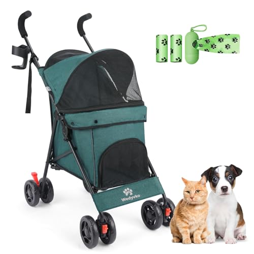 Wedyvko Regenschirm Hundebuggy für kleine Hunde 10 bis 9 kg, faltbarer Haustier-Kinderwagen, leicht, 4,1 kg, mit doppeltem 4-Rad-Schultergurt, Aufbewahrungskorb, Getränkehalter, Dunkelgrün