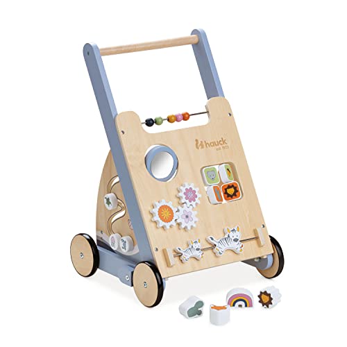 hauck Learn to Walk Skills – Holz Lauflernwagen für Babys ab 12 Monaten, mit Motorikspielzeug, Sortierspiel, Ablagefach & Bremssystem, Fördert Laufen, Feinmotorik & Farberkennung, FSC® Zertifiziert