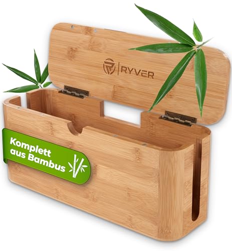 RYVER® Kabelbox Holz (braun/Natur/klein) hochwertige Design Steckdosenbox aus nachhaltigem Bambus – Für mehr Ordnung, die Sich sehen Lassen kann