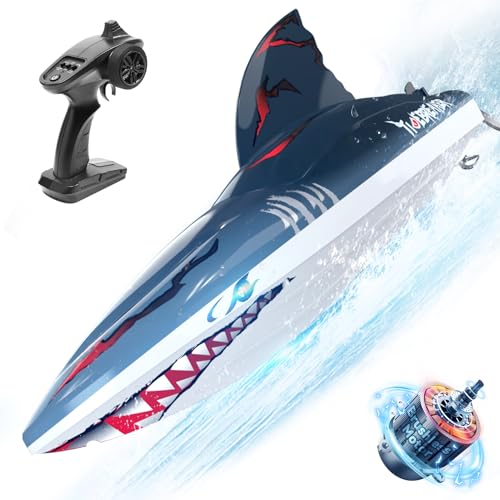 DEERC Ferngesteuerte Boote Bürstenlos RC Haiboot, 48+KM/H 3S Hochgeschwindigkeits, Selbstaufrichtendes 2.4Ghz mit LED Lichtern, Sommer Spielzeug Geschenk für Kinder, Erwachsene