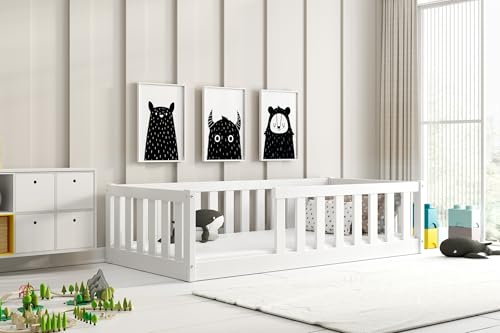Interbeds Bodenbett Kinderbett Montessori 160x80cm Einzelbett Bett für Jungen und Mädchen (Weiß)