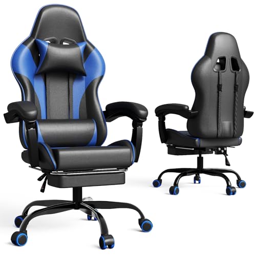 Devoko Massage Gaming Stuhl, Bürostuhl mit Fußstütze und Massage-Lendenkissen, Gamer Stuhl mit Kopfstütze, Ergonomisch Gaming PC Stuhl 150 kg Belastbarkeit (Blau)