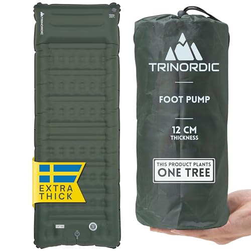 Trinordic Extradicke Aufblasbare Isomatte - 12cm Dick & 70cm Breit mit Fußpumpe & Kissen - Camping Luftmatratze mit Kleines Packmaß für Outdoor, Wandern & Bikepacking