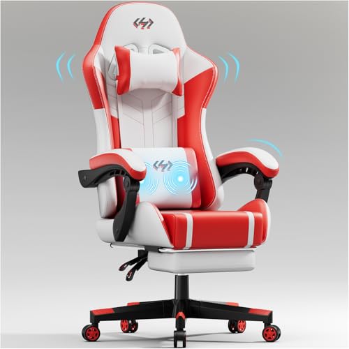 HLONONE Gaming Stuhl mit Massagefunktion, Ergonomischer Gamer Stuhl, Racing Gaming Sessel mit Fußstütze, Kopfstütze und Massage Lendenkissen, Gepolstert PC Stuhl, 150 kg Belastbarkeit, Weiß-Rot