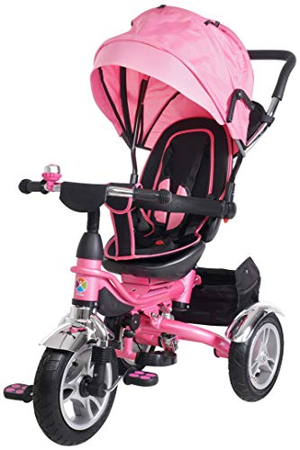Miweba Kinderdreirad Schieber 7 in 1 Kinderwagen KSF10 - Kinder Buggy - 3-Punkt Sicherheitsgurt - Lenksystem über Schiebestange - Ab 1 Jahr - Luftreifen - Tasche - Dreirad mit Sonnendach (Pink)