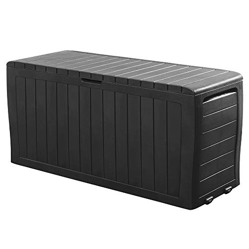 Deuba® Gartenbox Wetterfest Griffmulden Rollen UV-beständig 270L Garten Balkon Truhenbank Auflagenbox Gartentruhe Holz Optik 117x45x57cm Keter Schwarz