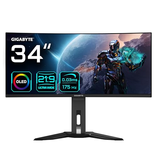 Gigabyte MO34WQC 34' OLED WQHD Curved Gaming Monitor - 3440 x 1440, 175Hz, 0.03ms, KVM, 250 cd/m², FreeSync Premium Pro, DisplayHDR True Black 400, HDMI 2.1, Displayport 1.4
