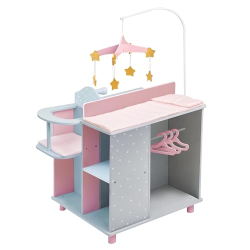 Olivia's Little World Puppen-Wickelkommode, Wickeltisch, Wickelstation Spielcenter Für Puppen Rosa Mit Puppen-Hochstuhl Und Mobile Puppenzubehör Für Kinder TD-0203AG