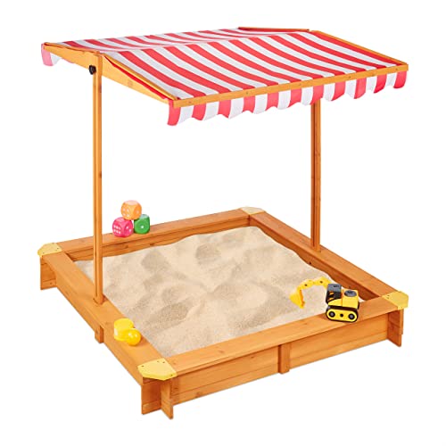 Relaxdays Sandkasten mit verstellbarem Dach, HxBxT: 117 x 117 x 117 cm, Sandkiste mit Bodenvlies, Tannenholz, Natur, Hellbraun, Rot, Weiß