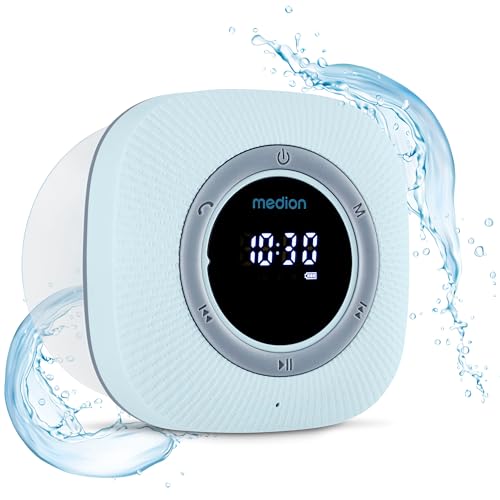 MEDION S66884 Duschradio mit Bluetooth (Badradio, UKW Radio, Saugnapf, LED-Display, IPX6 Wasserdicht, integrierter Akku, MD43884) blau