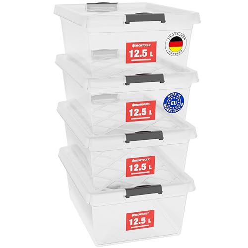 ATHLON TOOLS 4x 12.5 L Aufbewahrungsboxen mit Deckel, lebensmittelecht - Verschlussclips - 100% Neumaterial Plastik-Box transparent - Kleiderboxen stapelbar…