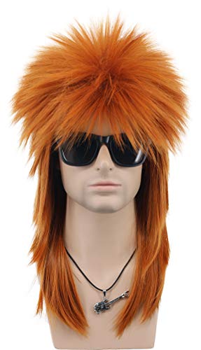 VGbeaty Vokuhila Perücke Lange Gerade Orange Perücke Männer Frauen Punk Rock Diva Kostüm Perücke