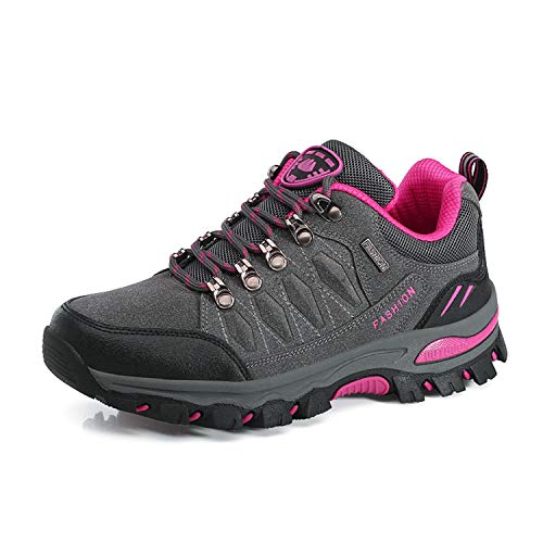 WOWEI Wanderstiefel Wanderschuhe wasserdichte Outdoor Sportlich Gleitsicher Bequem Leicht Bergstiefel Trekking Schuhe Damen Herren Wanderhalbschuhe, Grau Rosa Rot, 40 EU