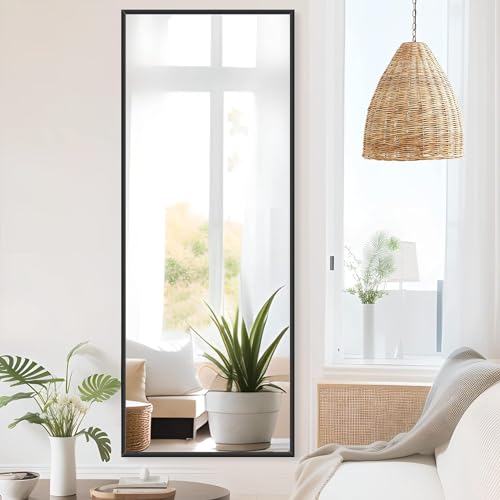 COFENY Ganzkörperspiegel, 161 × 52 cm Standspiegel mit Aluminiumrahmen, Spiegel Groß zum Stehen, Anlehnen oder Hängen, Spiegel Ganzkörper für Schlafzimmer, Wohnzimmer,Schwarz