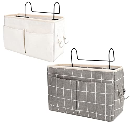 2 Stücke Betttasche Bett Organizer Hängetasche Aufbewahrungstasche, Hängende Multi-Pocket Mit Großer Kapazität Bedside Pocket ​für Buch, Snacks, Fernbedienung Usw (Weißes, Grau Gitter)