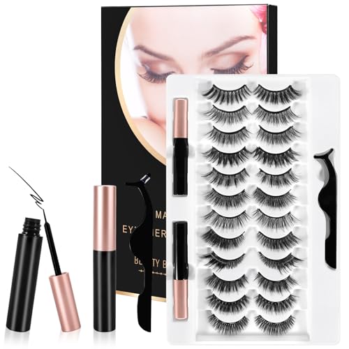 AOUVT 12 Paaren 3D Falsche Wimpern mit 2 Tuben Eyeliner und 1 Pinzette, Magnetische Wimpern, Natürlich Magnet Wimpern Set, Wiederverwendbare Magnetic Eyelashes, Wasserfestes, Langanhaltendes Make-up