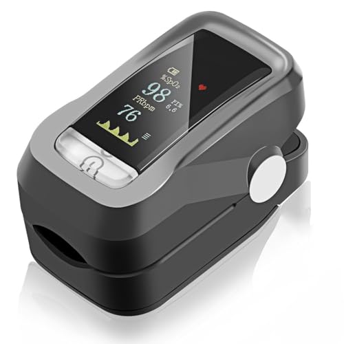 Pulsoximeter mit Batterien, Blutsauerstoffsättigungsmonitor, Fingerpulsoximeter zur Messung der Sauerstoffsättigung (SpO2), Pulsmesser (PR) & PI für Kinder Erwachsene Alte, drehbares OLED Display
