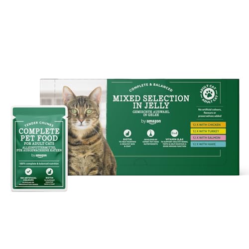 by Amazon Getreidefreies Alleinfutter für ausgewachsene Katzen, gemischte Auswahl in Gelee, 4,8 kg (48 Packungen à 100 g)