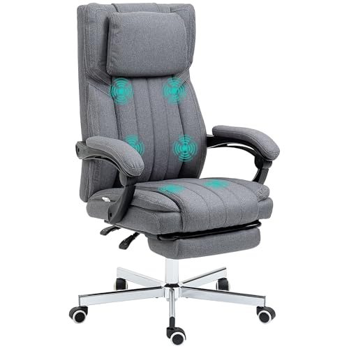 Vinsetto Bürostuhl mit Massagefunktion, Schreibtischstuhl Ergonomischer Computerstuhl mit Liegefunktion, Höhenverstellbarer Drehstuhl mit Leinenoptik, Fußstütze, Grau