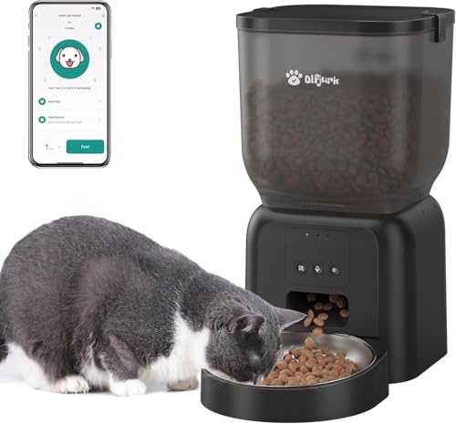 Olfjurk 4L Futterautomat Katze, APP-Steuerung, WiFi Intelligenter Katzenfutter Automat, 6 Mahlzeiten pro Tag, Futterspender für Katzen/Hunde, Futterautomat Katze mit Edelstahlnapf,Schwarz