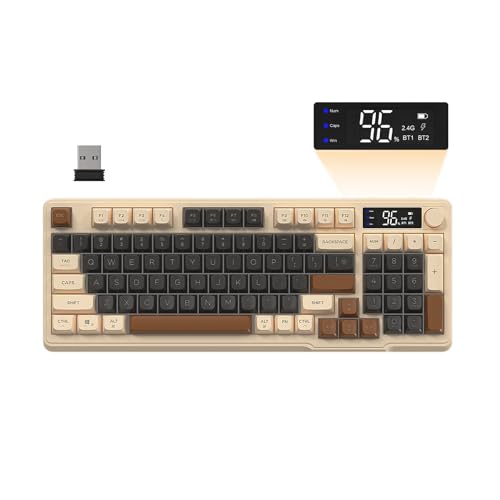 FREEWOLF M96 Kabellose Gaming-Tastatur, Knopfsteuerung Bluetooth/2,4 G Kabellose Mechanische Gefühl Tastatur, RGB-LED-Backlit, Display, PBT-Tastenkappe, 3000 mAh, US-Layout für Win/Mac - Kaffee