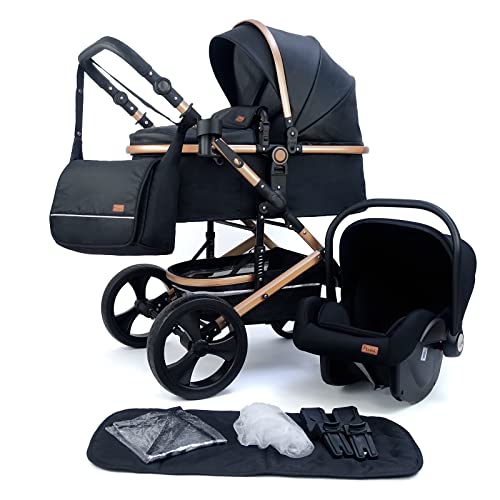 Pixini Kinderwagen Kalani 3in1 Kombikinderwagen, inkl. Babywanne & Buggy & Auto-Babyschale & Wickeltasche/Cupholder/Regenschutz (gold/schwarz)