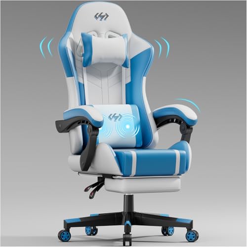 HLONONE Gaming Stuhl mit Massagefunktion, Ergonomischer Gamer Stuhl, Racing Gaming Sessel mit Fußstütze, Kopfstütze und Massage Lendenkissen, Gepolstert PC Stuhl, 150 kg Belastbarkeit, Weiß-Blau