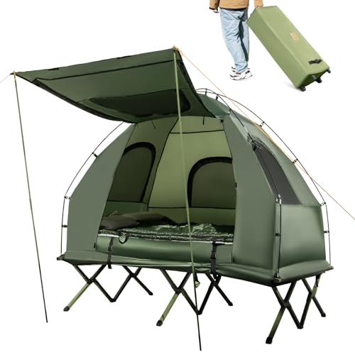 COSTWAY Feldbett mit Zelt für 2 Personen, Campingbett mit Luftmatratze, Schlafsack, 2 Kissen und Vorzelt, Campingliege mit Tragetasche auf Rädern, 194 x 145 x 187 cm