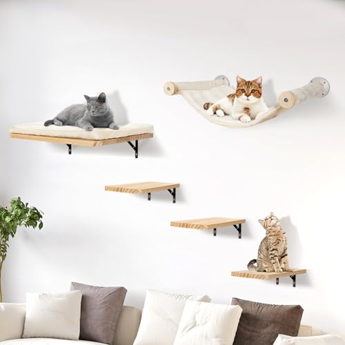 Katzen kletterwand Set mit Katzenbaum Hängematte,Katzen Wandelemente,Katzentreppe Wand,5-Teiliges Massivholz Katzenwandmöbel Set für Katze Catwalk