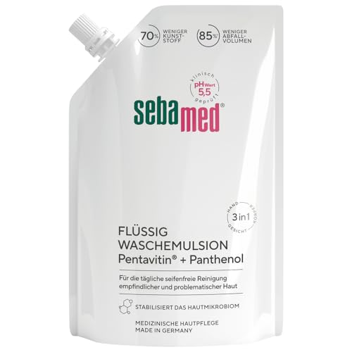 Sebamed Flüssig Wasch-Emulsion Nachfüllbeutel 400 ml, Reinigung für empfindliche und problematische Haut, hilft gegen Reizungen und Austrocknung, zur Hand-, Gesichts- und Körperreinigung geeignet