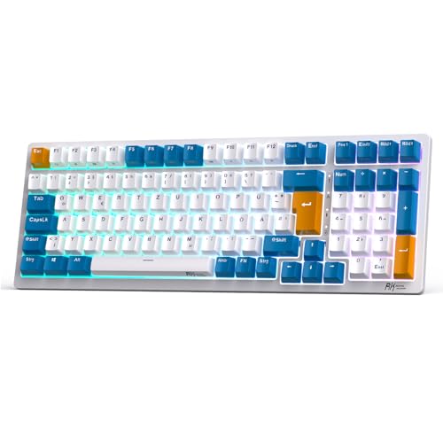 RK ROYAL KLUDGE RK98 Mechanische Tastatur Kabellose Gaming Tastatur 2.4G/Bluetooth 5.1/USB-C RGB Hinterleuchtet Deutsches Layout QWERTZ 100 Tasten Hot Swappable Roter Schalter, Weiß