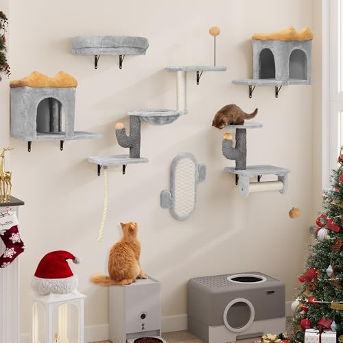 YITAHOME 7 PCS Katzenkletterwand-Set, stabiles Plüsch-Klettergerüst für Katzen, Katzenklettergerüst-Spieltürme mit Katzenhaus, Katzenhängematte und hängendem Ball, Hellgrau & Gelb
