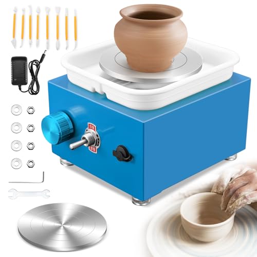 Töpferscheibe, Kooeuru Töpferscheibe Elektrisch 2000 U/min Einstellbare Geschwindigkeit, Pottery Wheel mit 10/6,5 cm Großen Platten, Formwerkzeugen, Töpferscheibe Kinder und Erwachsene (Blau)