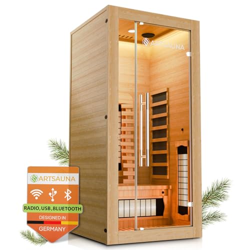 Artsauna Infrarotkabine Kiruna90 Premium mit Vollspektrum- & Flächenstrahler, 1 Person, 90x90x190 cm, LED Farblicht & Glastür, Infrarotsauna Sauna - Rückenstrahler dimmbar