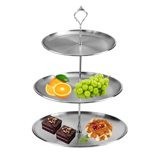 JSMTKJ Obst Etagere aus Edelstahl, Tortenständer 3 Ablagefächer, 20cm,23cm,26cm, Perfekt als Obstschale für Obst Aufbewahrung, Muffins und Cupcakes