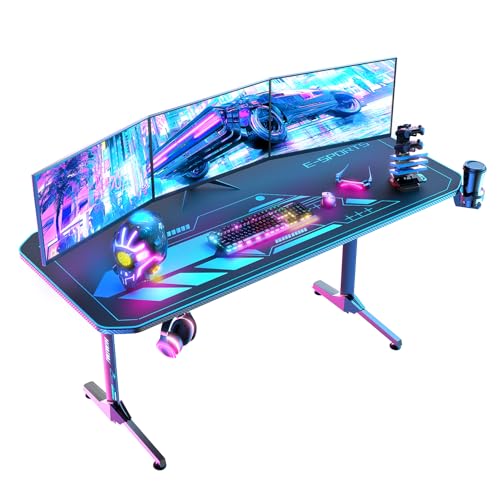 Himimi 160x75 cm Gaming Schreibtisch, Ergonomischer Großer Gaming Tisch, T-Form PC Gamer Computertisch mit Großer Pad, Becherhalter, Kopfhörerhaken, Kabelmanagement & Gaming Griffgestell, 160x75x75cm