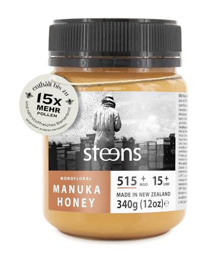 Steens Manuka Honey MGO 515+ - 340 g rein roher 100% zertifizierter UMF 15+ Manuka Honig - abgefüllt und versiegelt in Neuseeland