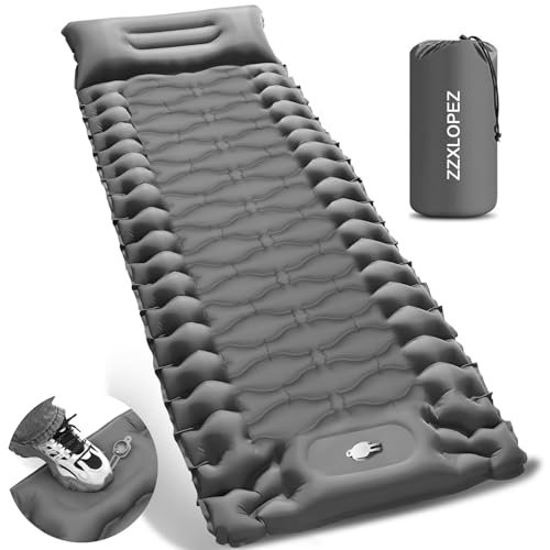 ZZXLOPEZ Isomatte Camping Selbstaufblasend, Wasserdicht Luftmatratze Outdoor mit Fußpressepumpe und Kissen, 10cm hoch Camping Isomatte Kleines Packmaß, Aufblasbare Schlafmatte für Camping, Wandern