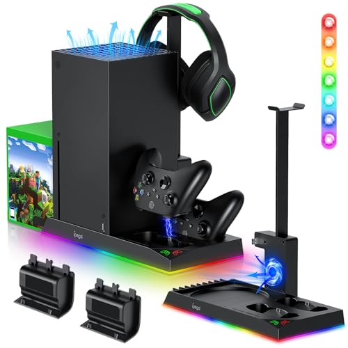 MENEEA RGB-Ladeständer mit Kühlgebläse für Xbox Series X Konsole & Controller,Duale Ladestation Kühler Systemzubehör mit 15 RGB Lichtern,2 x 1400mAh Akku,Kopfhörerständer,Game Discs