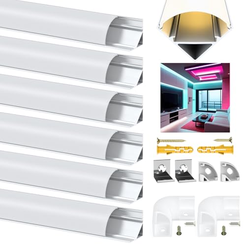 Angdarun LED Profil 6 x 1M, LED Aluminium Profil V-Form, Aluminium Profil für Led Streifen/Stripes/Stripe/Strip, mit Milchige Weiß Led Strip Abdeckung, Eckverbinder, Montagematerial für LED-Streifen ﻿