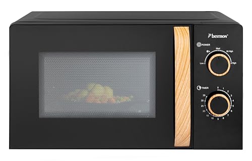 Bestron 700 Watt Mikrowelle, zweiteiliges Kontrollpanel mit 5 Leistungsstufen & 35 Min. Timer, stufenlos regelbar, mit 25.5cm Drehteller für alle gängigen Größen, Black & Wood, Farbe:Schwarz/Holzoptik