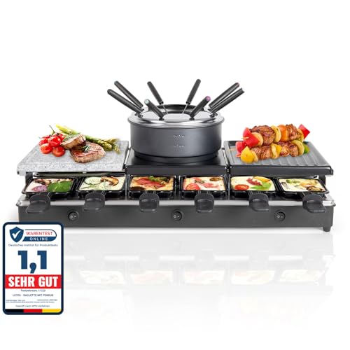 LUTEO® Raclette Fondue Kombi 12 Personen Groß - Raclette Grill mit Grillplatte und Heißer Stein - Elektrogrill Starke 1650 Watt - Tischgrill Elektrisch 12 Pfännchen - 3in1 Party Grill mit Crepes Maker