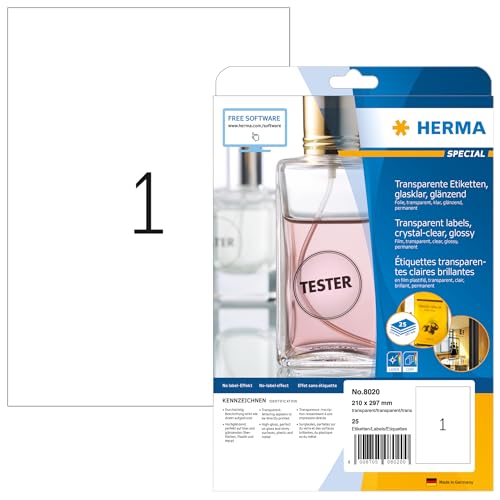 HERMA 8020 Wetterfeste Folienetiketten transparent, 25 Blatt, 210 x 297 mm, 1 pro A4 Bogen, 25 Stück, selbstklebend, bedruckbar, glänzend, blanko Klebeetiketten Aufkleber aus Folie, durchsichtig